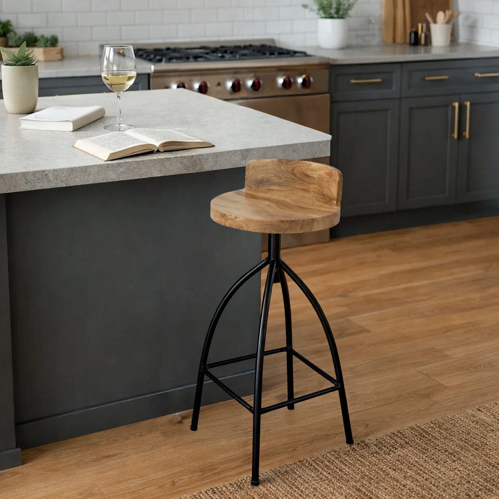 The Urban Port Pia 32-35 Extra Tall Adjustable Barstool, Set of 2, Natural Brown Mango Wood Seat, Black Iron Frame