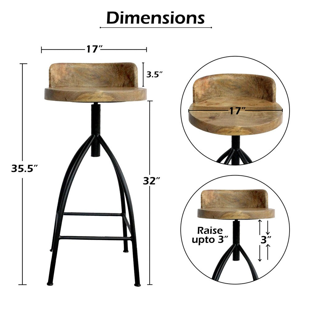 The Urban Port Pia 32-35 Extra Tall Adjustable Barstool, Set of 2, Natural Brown Mango Wood Seat, Black Iron Frame