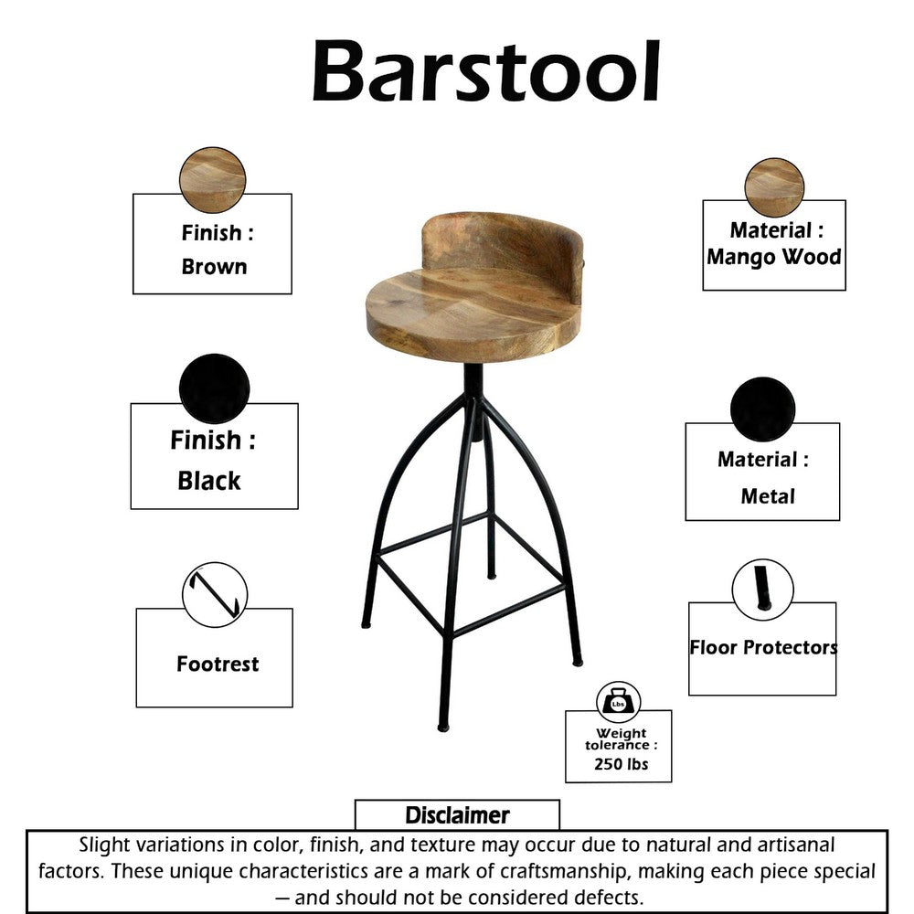 The Urban Port Pia 32-35 Extra Tall Adjustable Barstool, Set of 2, Natural Brown Mango Wood Seat, Black Iron Frame