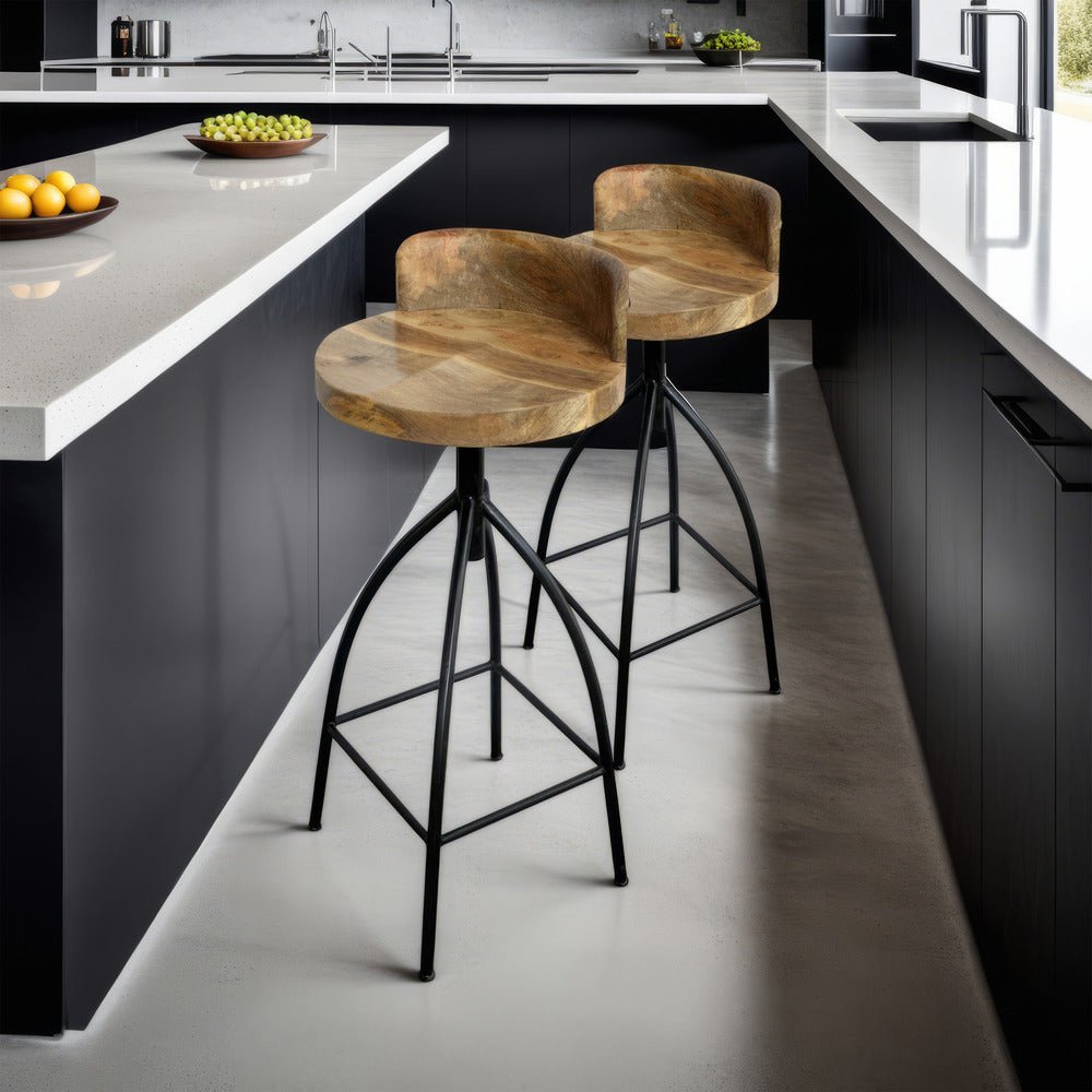 The Urban Port Pia 32-35 Extra Tall Adjustable Barstool, Natural Brown Mango Wood Seat, Black Iron Frame