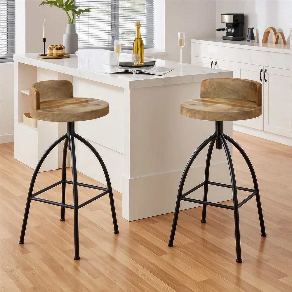 The Urban Port Pia 32-35 Extra Tall Adjustable Barstool, Natural Brown Mango Wood Seat, Black Iron Frame
