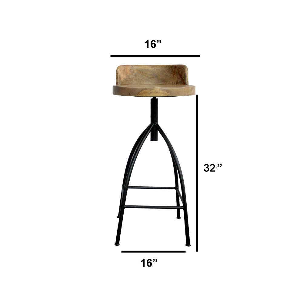 The Urban Port Pia 32-35 Extra Tall Adjustable Barstool, Natural Brown Mango Wood Seat, Black Iron Frame