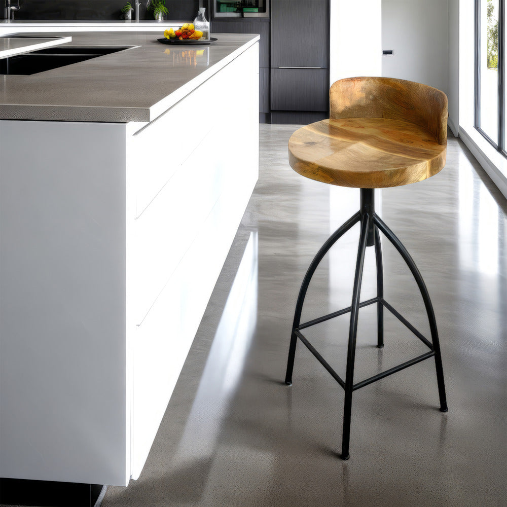 The Urban Port Pia 32-35 Extra Tall Adjustable Barstool, Natural Brown Mango Wood Seat, Black Iron Frame