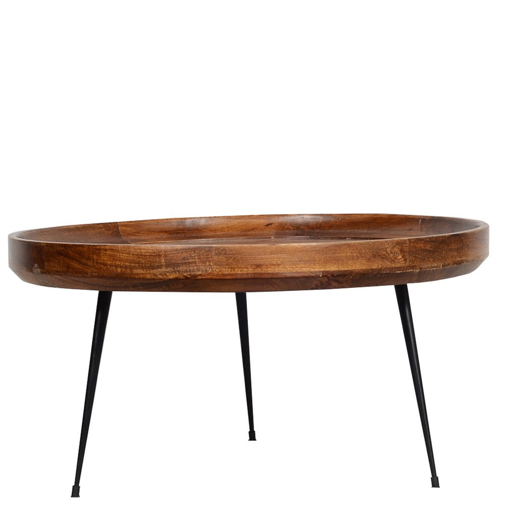 The Urban Port Gia Handcrafted Round Mango Wood Coffee Table with Tray Top, Dark Walnut Brown, Black Iron Legs