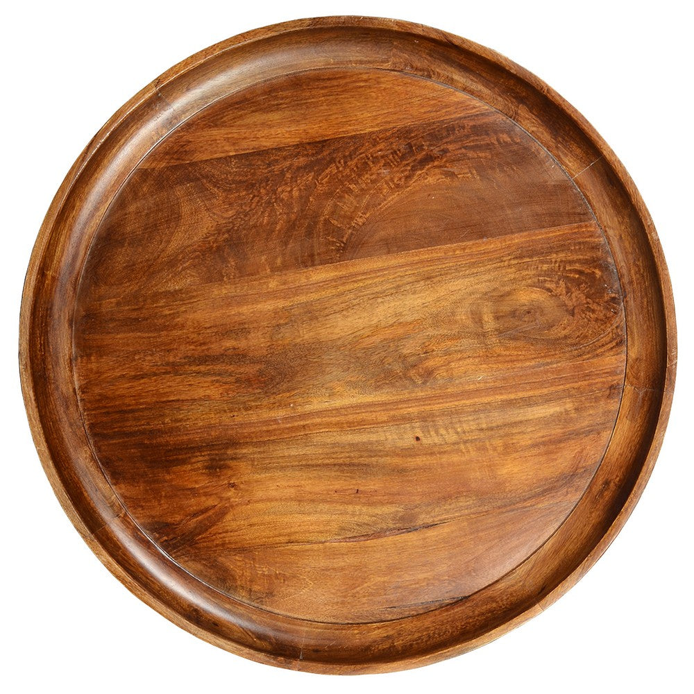 The Urban Port Gia Handcrafted Round Mango Wood Coffee Table with Tray Top, Dark Walnut Brown, Black Iron Legs