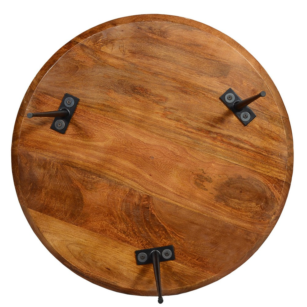 The Urban Port Gia Handcrafted Round Mango Wood Coffee Table with Tray Top, Dark Walnut Brown, Black Iron Legs