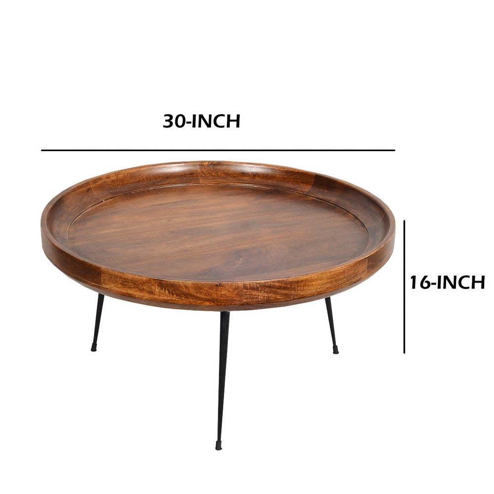 The Urban Port Gia Handcrafted Round Mango Wood Coffee Table with Tray Top, Dark Walnut Brown, Black Iron Legs