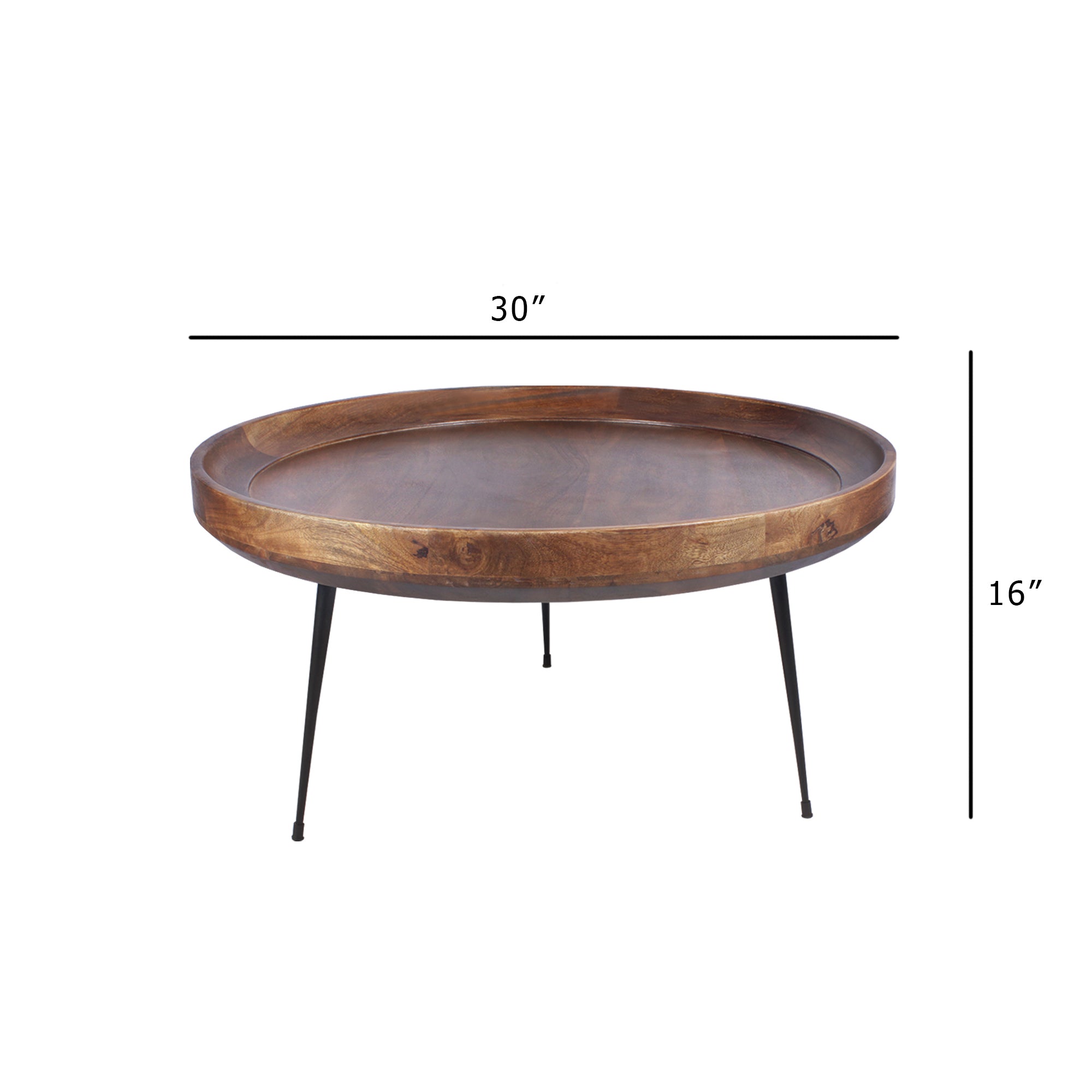 The Urban Port Gia Handcrafted Round Mango Wood Coffee Table with Tray Top, Dark Walnut Brown, Black Iron Legs
