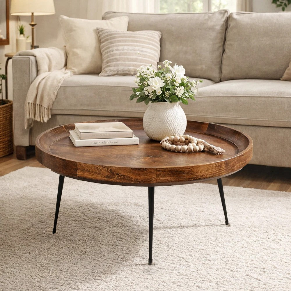The Urban Port Gia Handcrafted Round Mango Wood Coffee Table with Tray Top, Dark Walnut Brown, Black Iron Legs