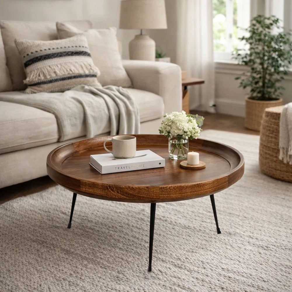 The Urban Port Gia Handcrafted Round Mango Wood Coffee Table with Tray Top, Dark Walnut Brown, Black Iron Legs