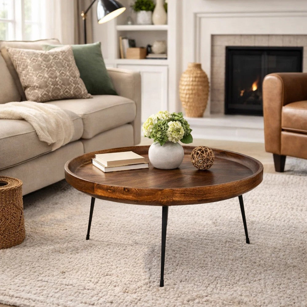 The Urban Port Gia Handcrafted Round Mango Wood Coffee Table with Tray Top, Dark Walnut Brown, Black Iron Legs