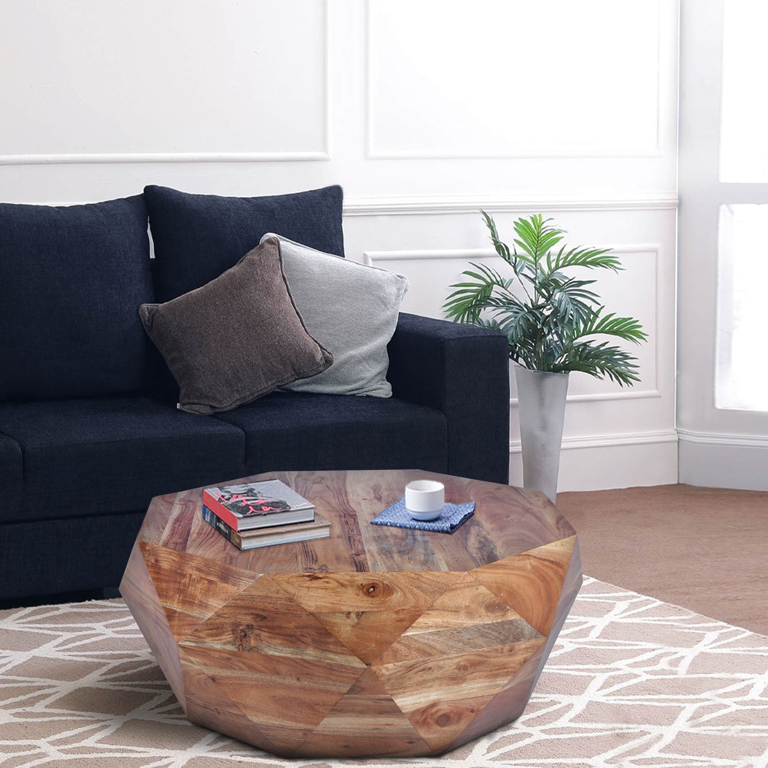 The Urban Port Bon 33 Inch Diamond Shape Acacia Wood Coffee Table With Smooth Top, Natural Brown