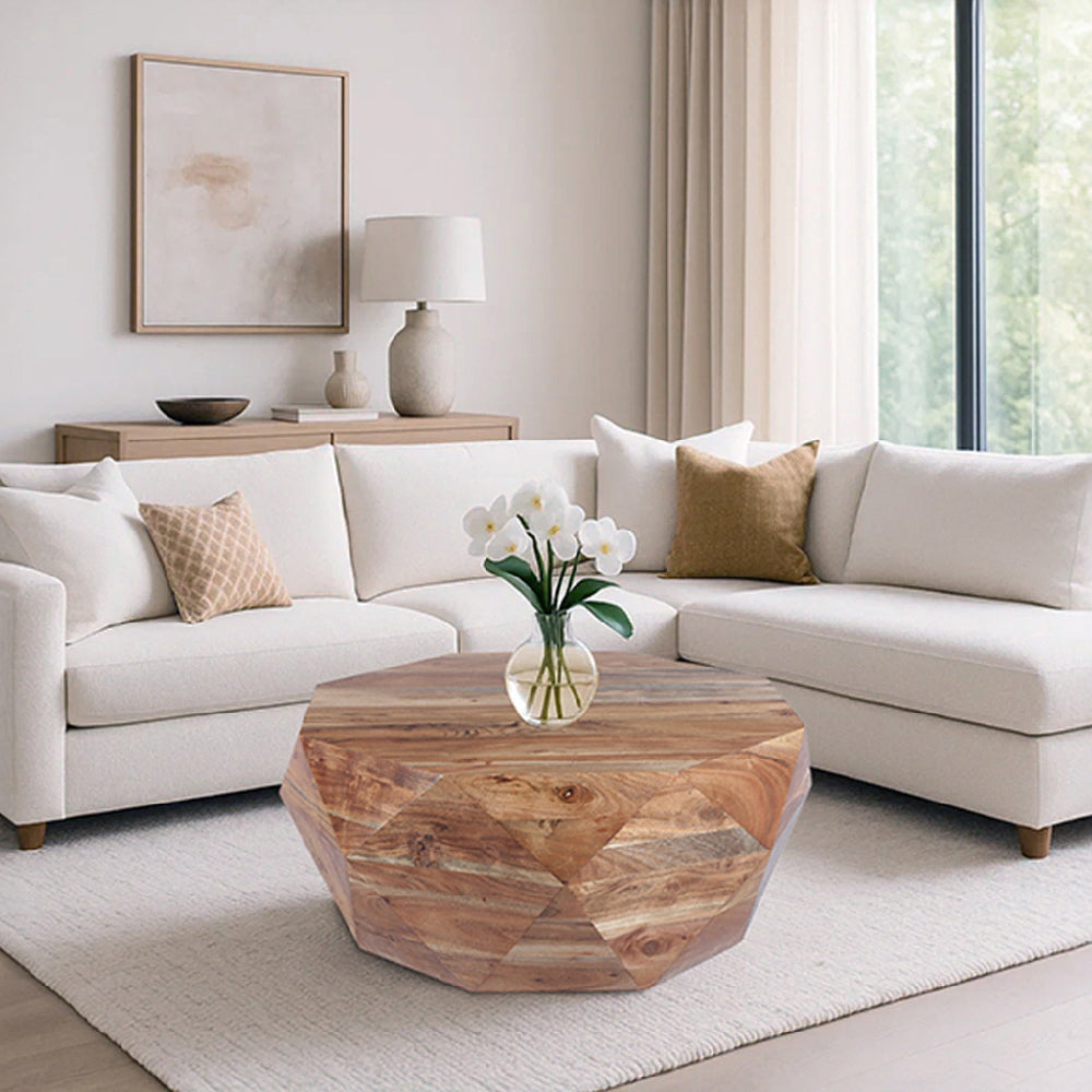 The Urban Port Bon 33 Inch Diamond Shape Acacia Wood Coffee Table With Smooth Top, Natural Brown