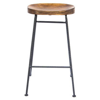 The Urban Port Jael 28 Inch Bar Stool with Mango Wood Saddle Seat, Iron Rod Legs, Brown And Black