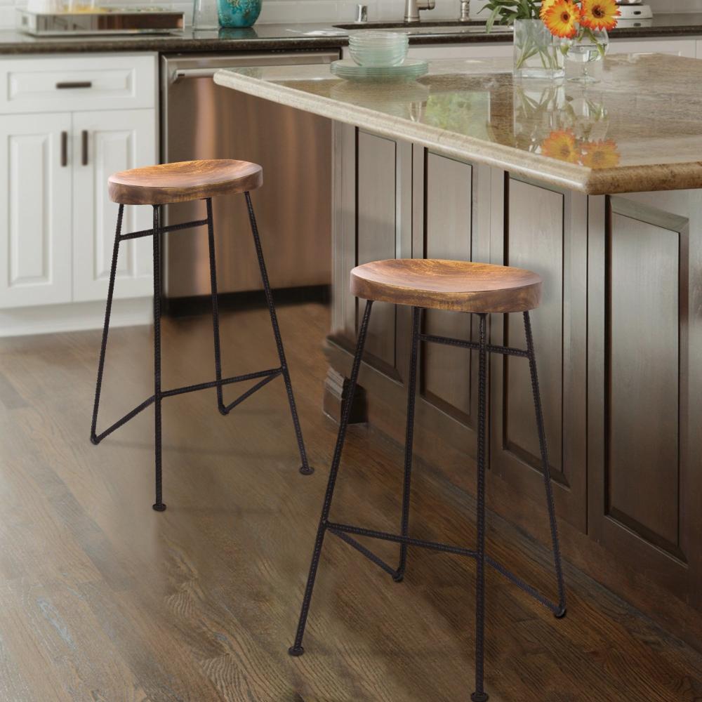 The Urban Port Jael 28 Inch Bar Stool with Mango Wood Saddle Seat, Iron Rod Legs, Brown And Black