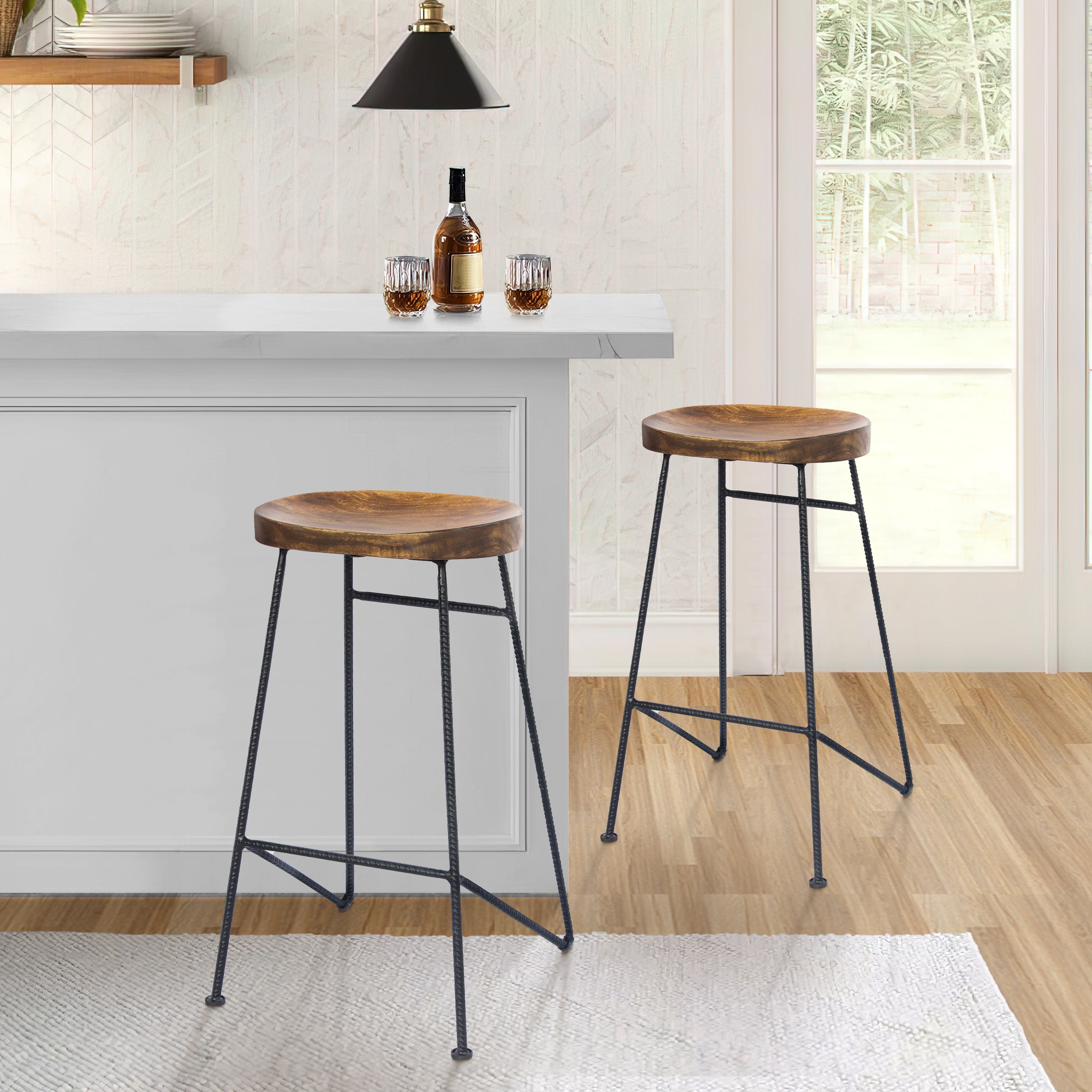 The Urban Port Jael 28 Inch Bar Stool with Mango Wood Saddle Seat, Iron Rod Legs, Brown And Black
