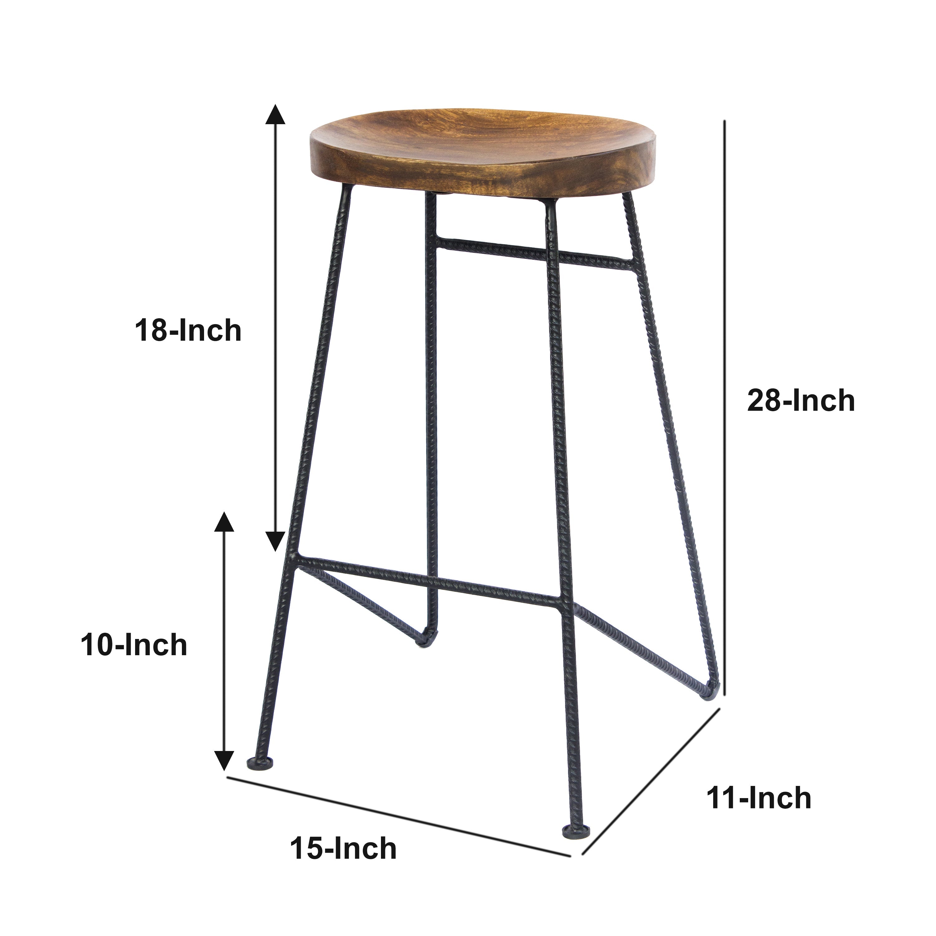 The Urban Port Jael 28 Inch Bar Stool with Mango Wood Saddle Seat, Iron Rod Legs, Brown And Black