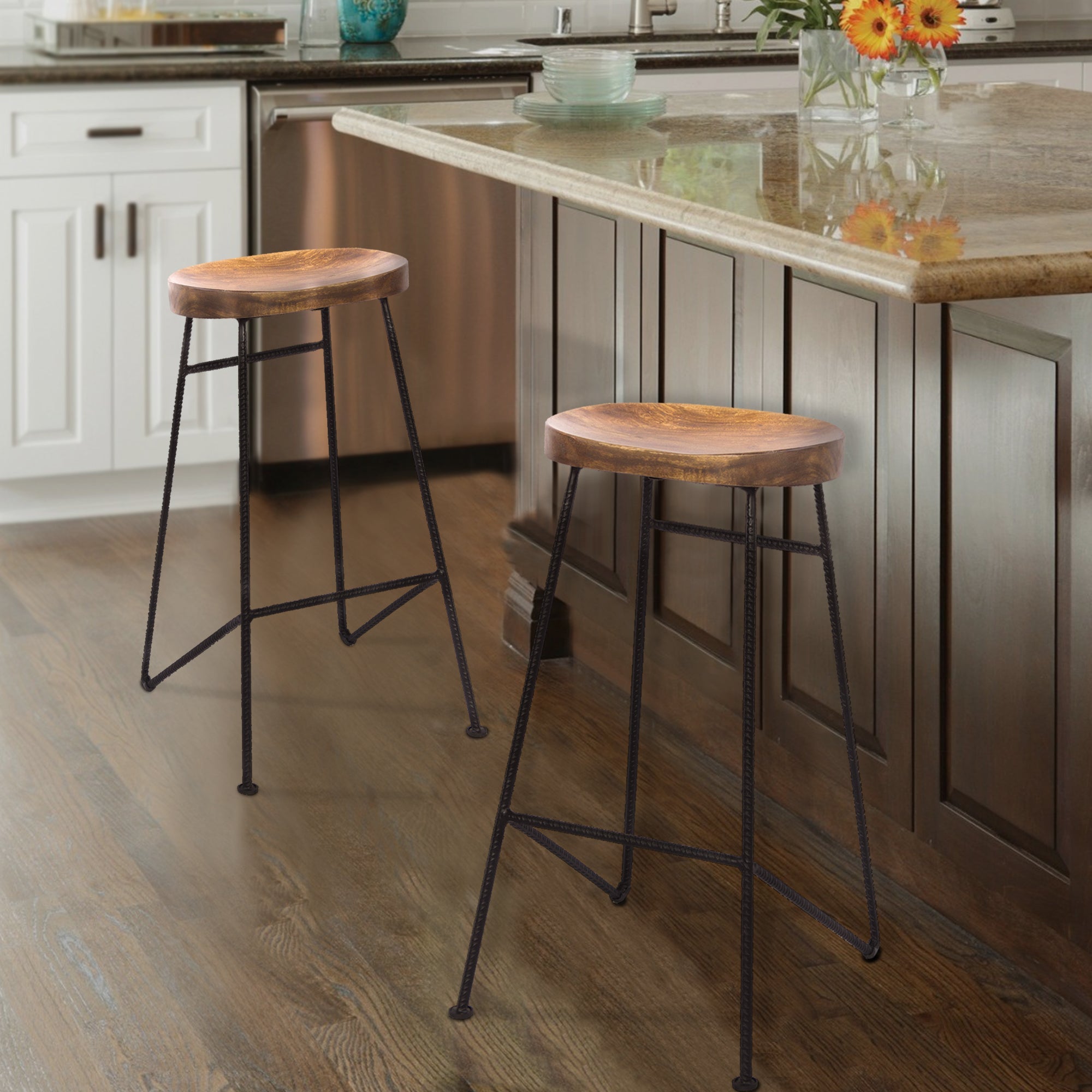 The Urban Port Jael 28 Inch Bar Stool with Mango Wood Saddle Seat, Iron Rod Legs, Brown And Black