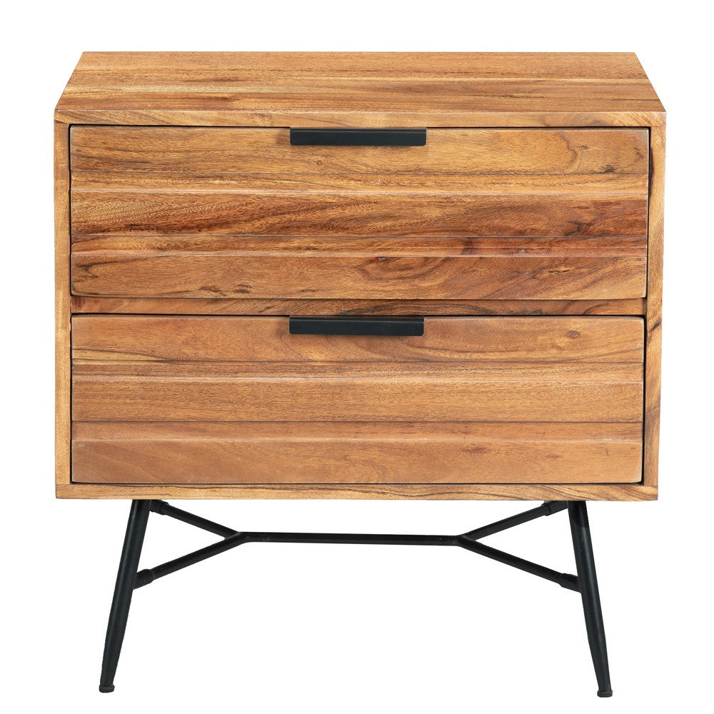 The Urban Port 2 Drawer Wooden Nightstand with Metal Angled Legs, Black And Brown