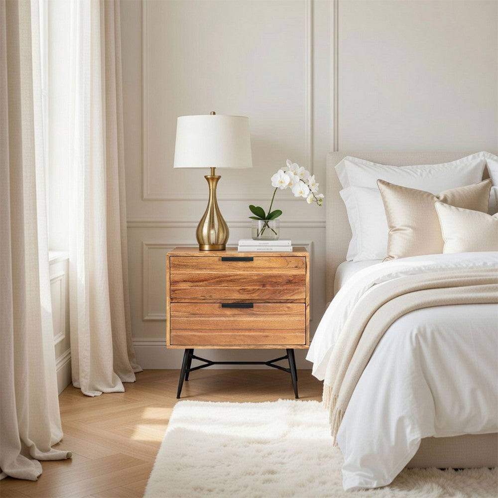 The Urban Port 2 Drawer Wooden Nightstand with Metal Angled Legs, Black And Brown