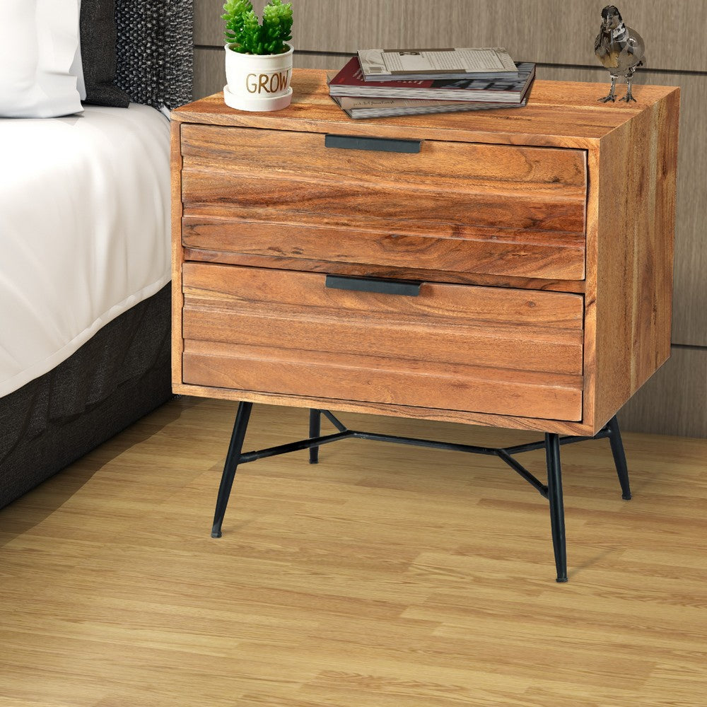 The Urban Port 2 Drawer Wooden Nightstand with Metal Angled Legs, Black And Brown