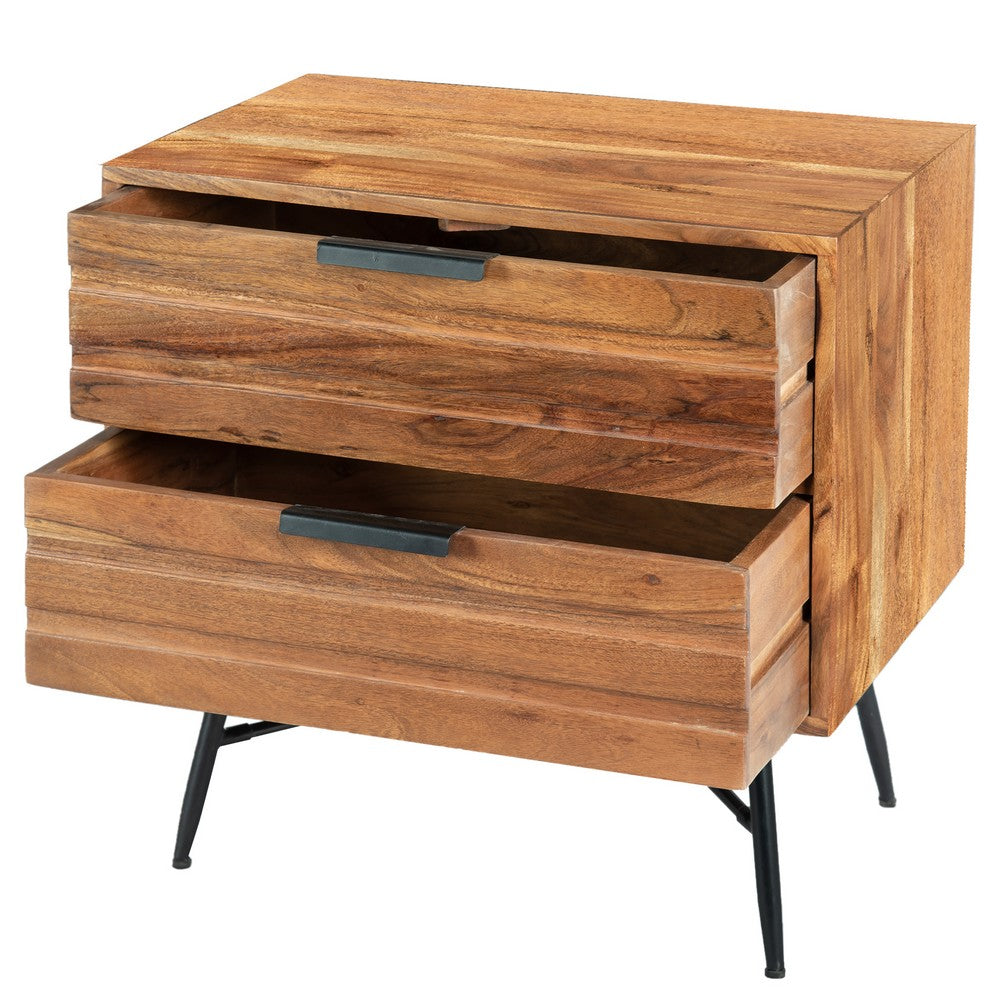 The Urban Port 2 Drawer Wooden Nightstand with Metal Angled Legs, Black And Brown