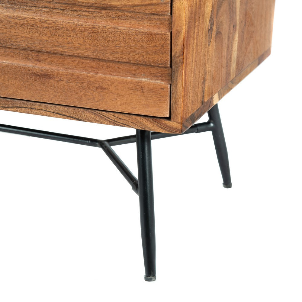 The Urban Port 2 Drawer Wooden Nightstand with Metal Angled Legs, Black And Brown