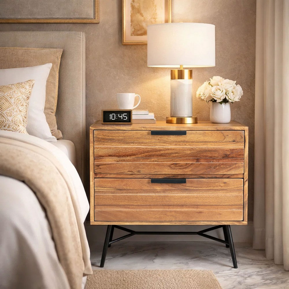 The Urban Port 2 Drawer Wooden Nightstand with Metal Angled Legs, Black And Brown