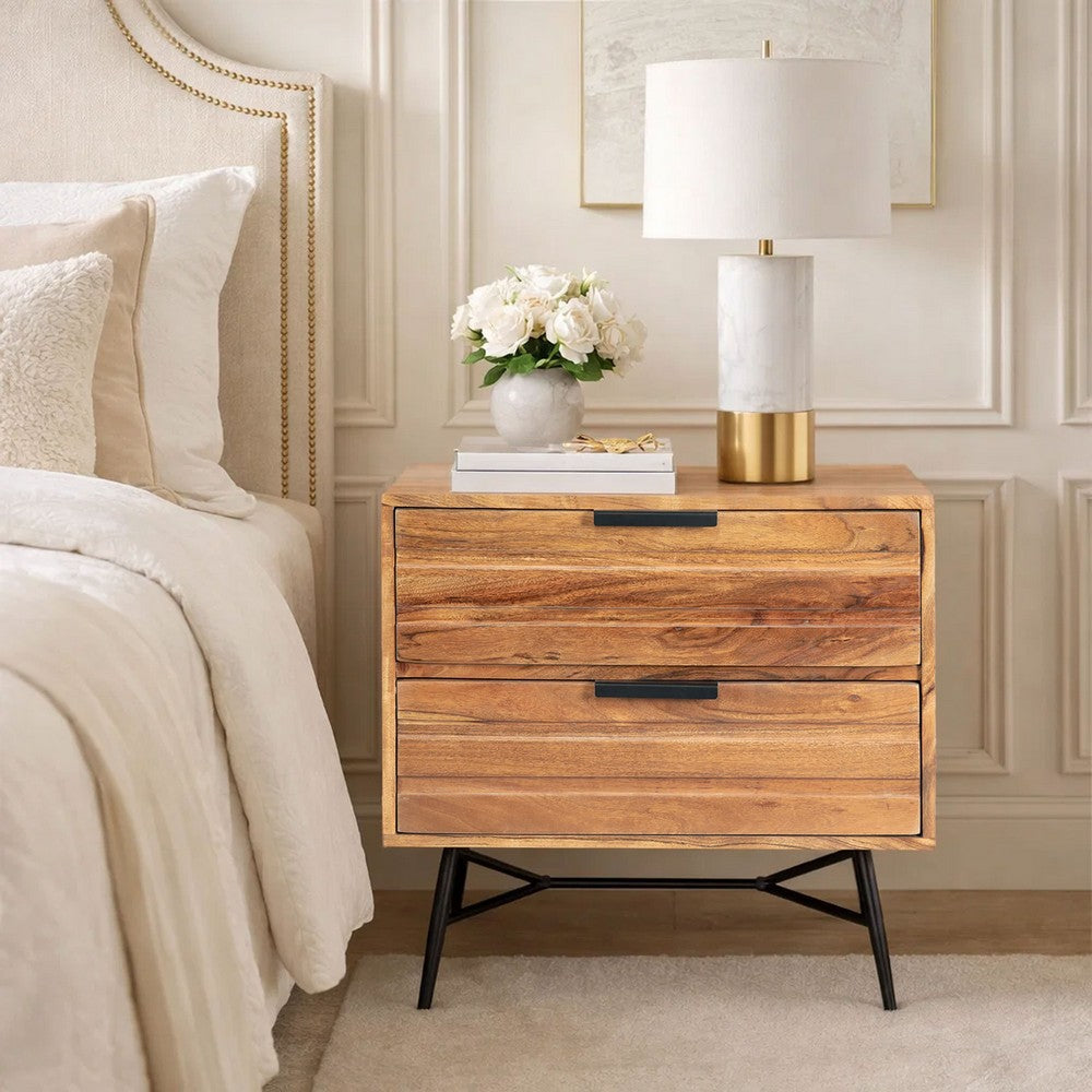 The Urban Port 2 Drawer Wooden Nightstand with Metal Angled Legs, Black And Brown