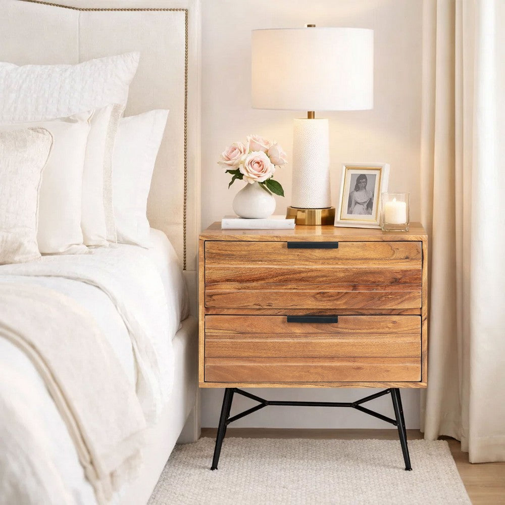The Urban Port 2 Drawer Wooden Nightstand with Metal Angled Legs, Black And Brown