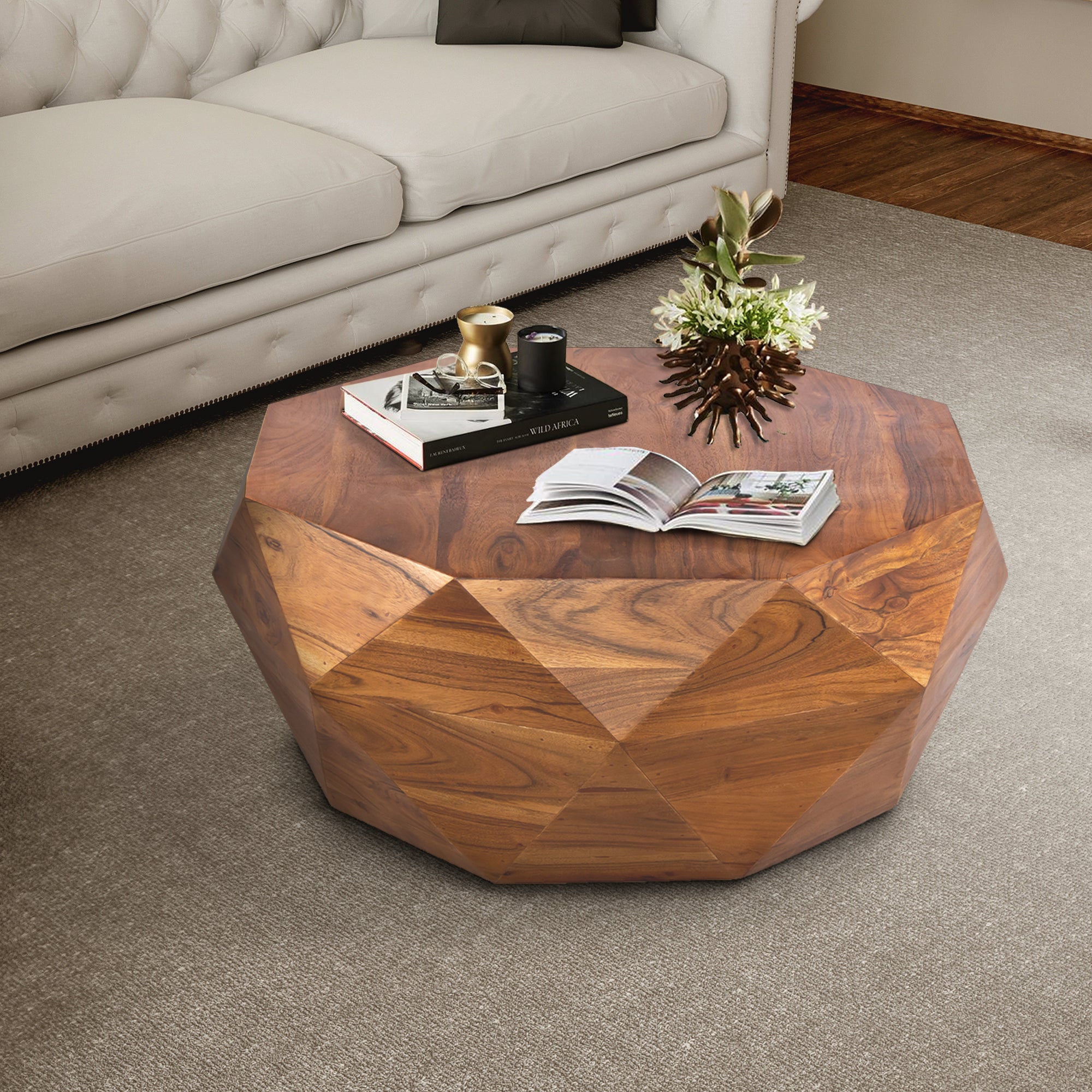 The Urban Port Bon 33 Inch Diamond Shape Acacia Wood Coffee Table With Smooth Top, Dark Brown