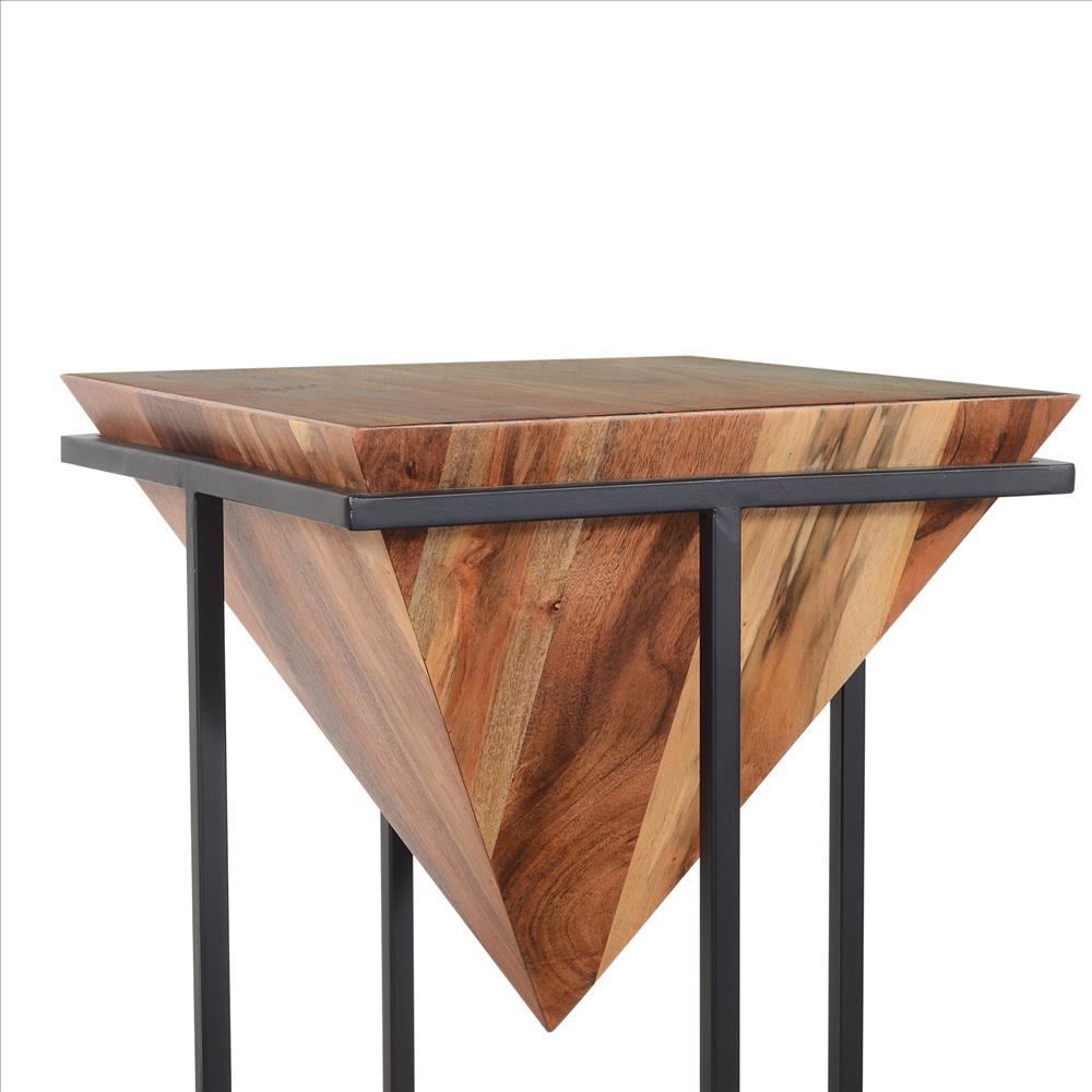 The Urban Port 30 Inch Pyramid Shape Wooden Side Table With Cross Metal Base, Brown And Black