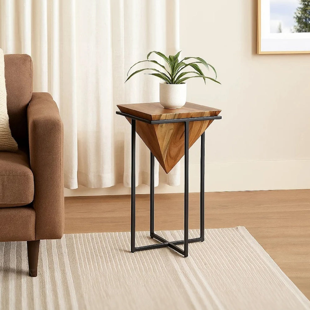 The Urban Port 30 Inch Pyramid Shape Wooden Side Table With Cross Metal Base, Brown And Black
