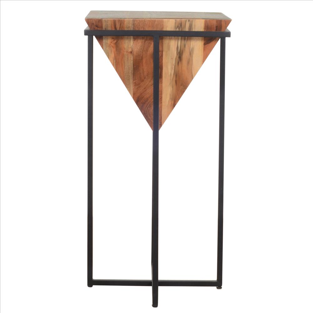 The Urban Port 30 Inch Pyramid Shape Wooden Side Table With Cross Metal Base, Brown And Black