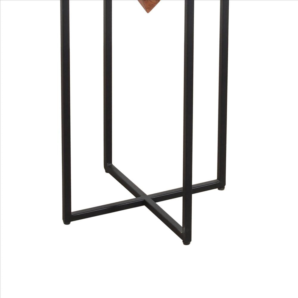 The Urban Port 30 Inch Pyramid Shape Wooden Side Table With Cross Metal Base, Brown And Black