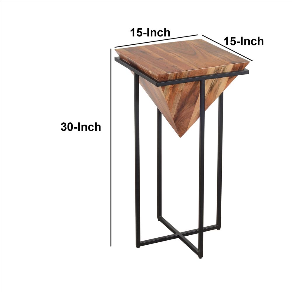 The Urban Port 30 Inch Pyramid Shape Wooden Side Table With Cross Metal Base, Brown And Black