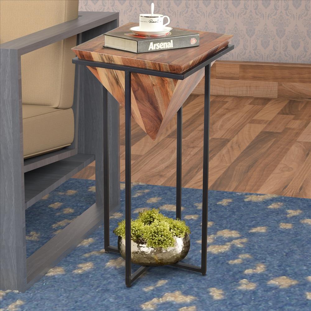 The Urban Port 30 Inch Pyramid Shape Wooden Side Table With Cross Metal Base, Brown And Black