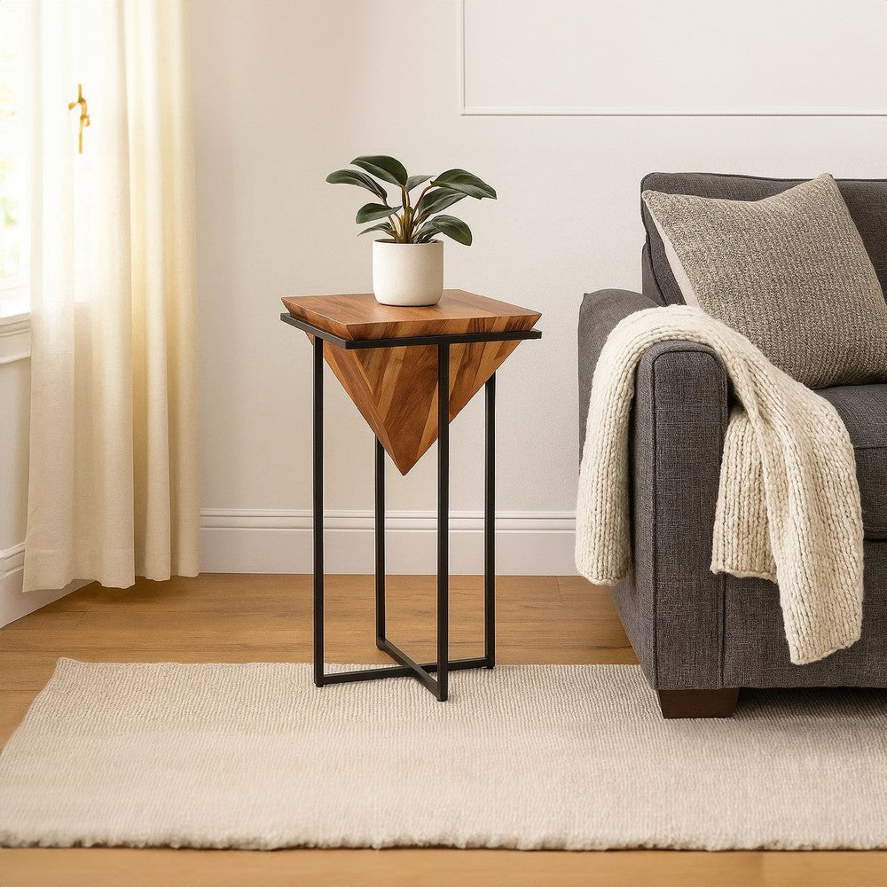 The Urban Port 30 Inch Pyramid Shape Wooden Side Table With Cross Metal Base, Brown And Black