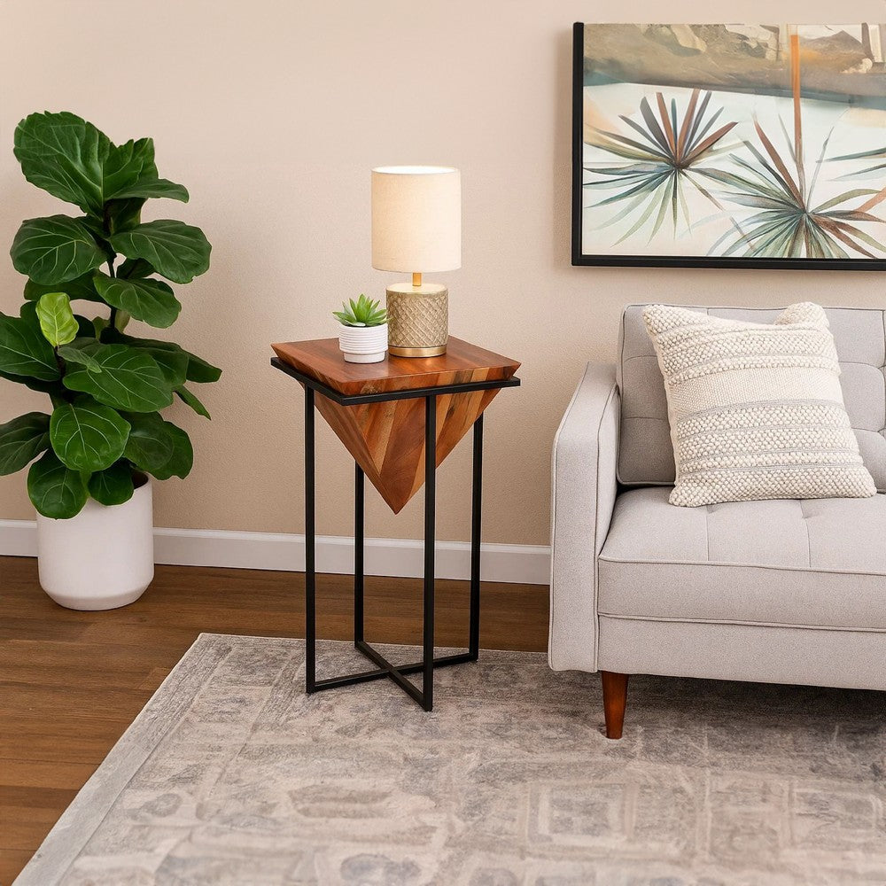 The Urban Port 30 Inch Pyramid Shape Wooden Side Table With Cross Metal Base, Brown And Black