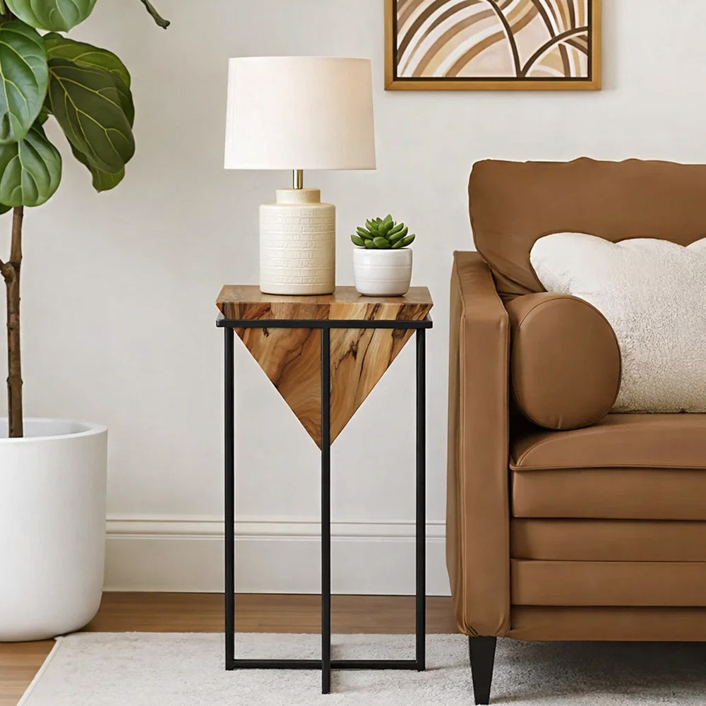 The Urban Port 30 Inch Pyramid Shape Wooden Side Table With Cross Metal Base, Brown And Black