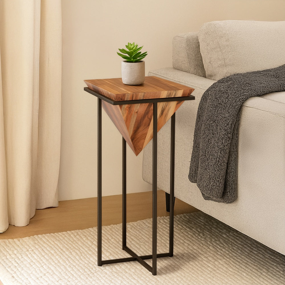 The Urban Port 30 Inch Pyramid Shape Wooden Side Table With Cross Metal Base, Brown And Black