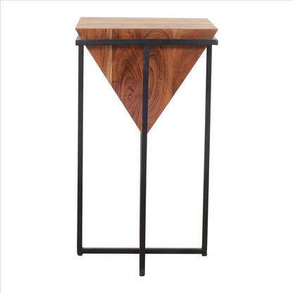 The Urban Port 26 Inch Pyramid Shape Wooden Side Table With Cross Metal Base, Brown And Black