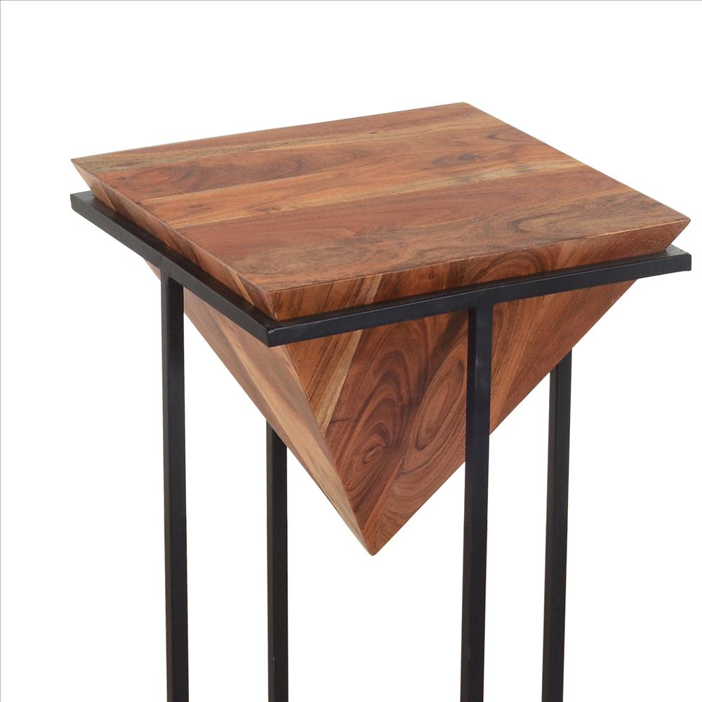 The Urban Port 26 Inch Pyramid Shape Wooden Side Table With Cross Metal Base, Brown And Black