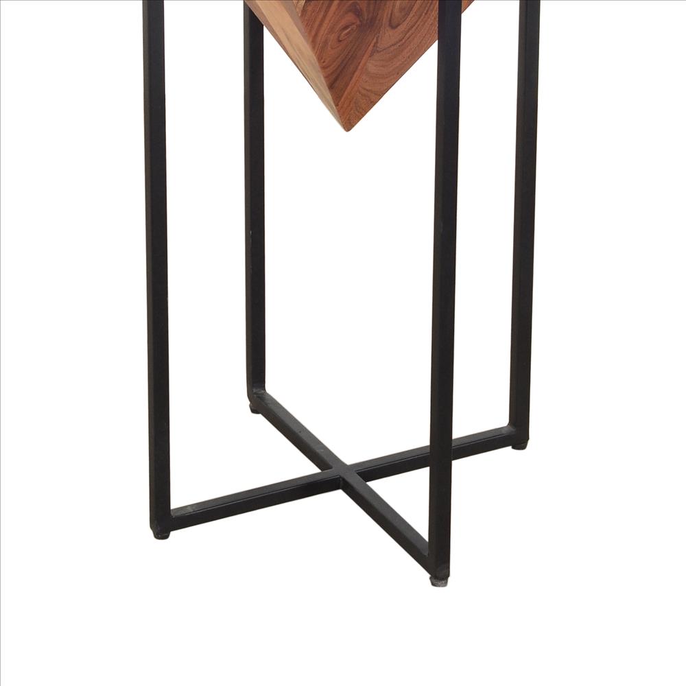 The Urban Port 26 Inch Pyramid Shape Wooden Side Table With Cross Metal Base, Brown And Black