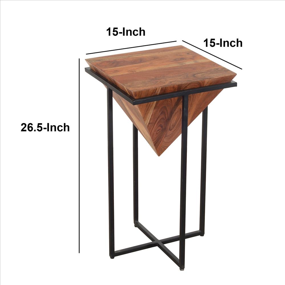 The Urban Port 26 Inch Pyramid Shape Wooden Side Table With Cross Metal Base, Brown And Black