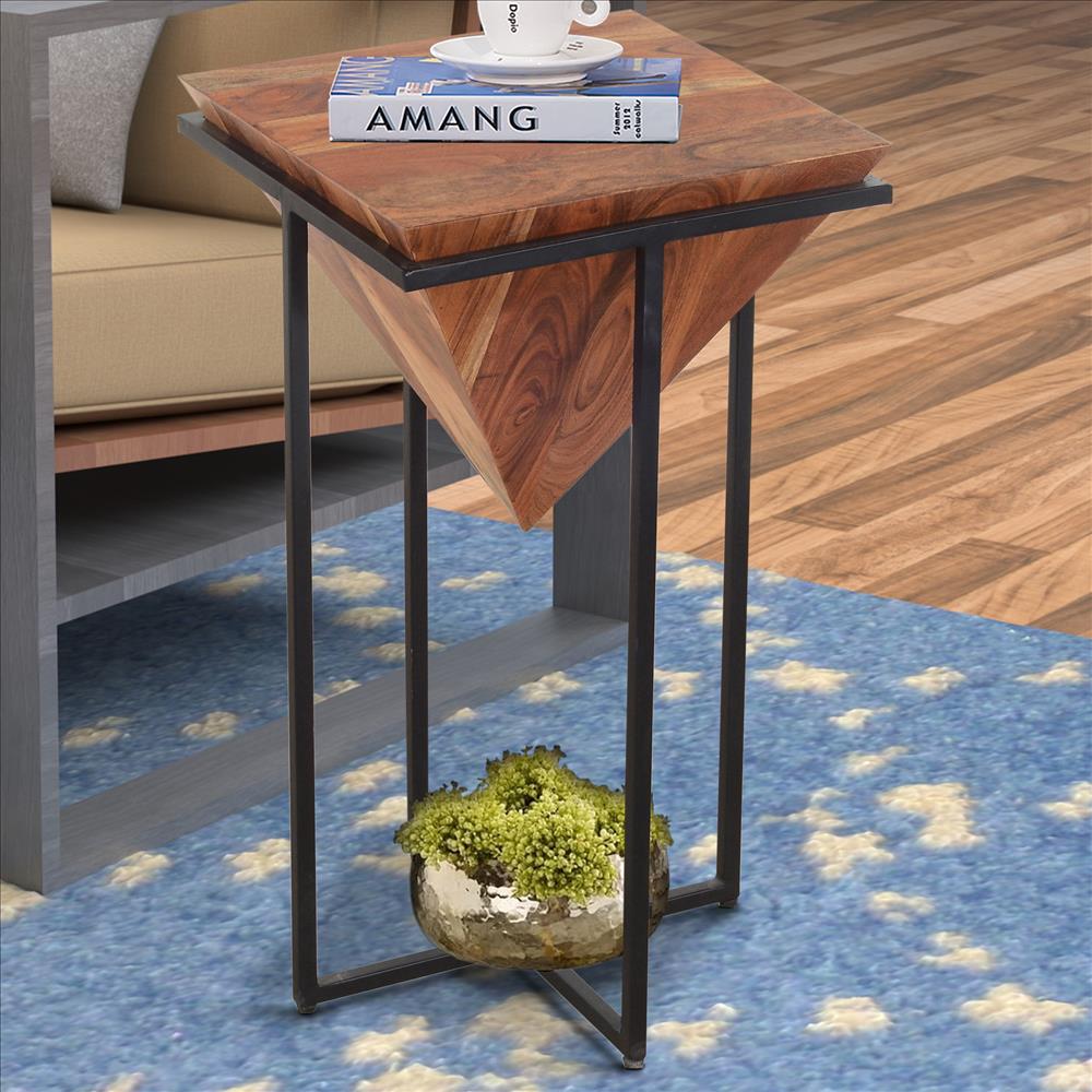 The Urban Port 26 Inch Pyramid Shape Wooden Side Table With Cross Metal Base, Brown And Black