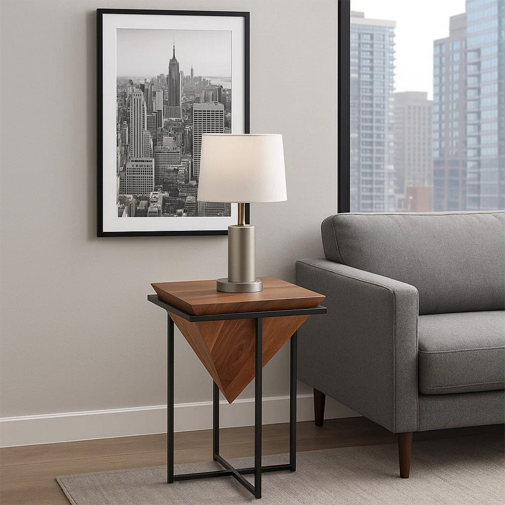 The Urban Port 26 Inch Pyramid Shape Wooden Side Table With Cross Metal Base, Brown And Black