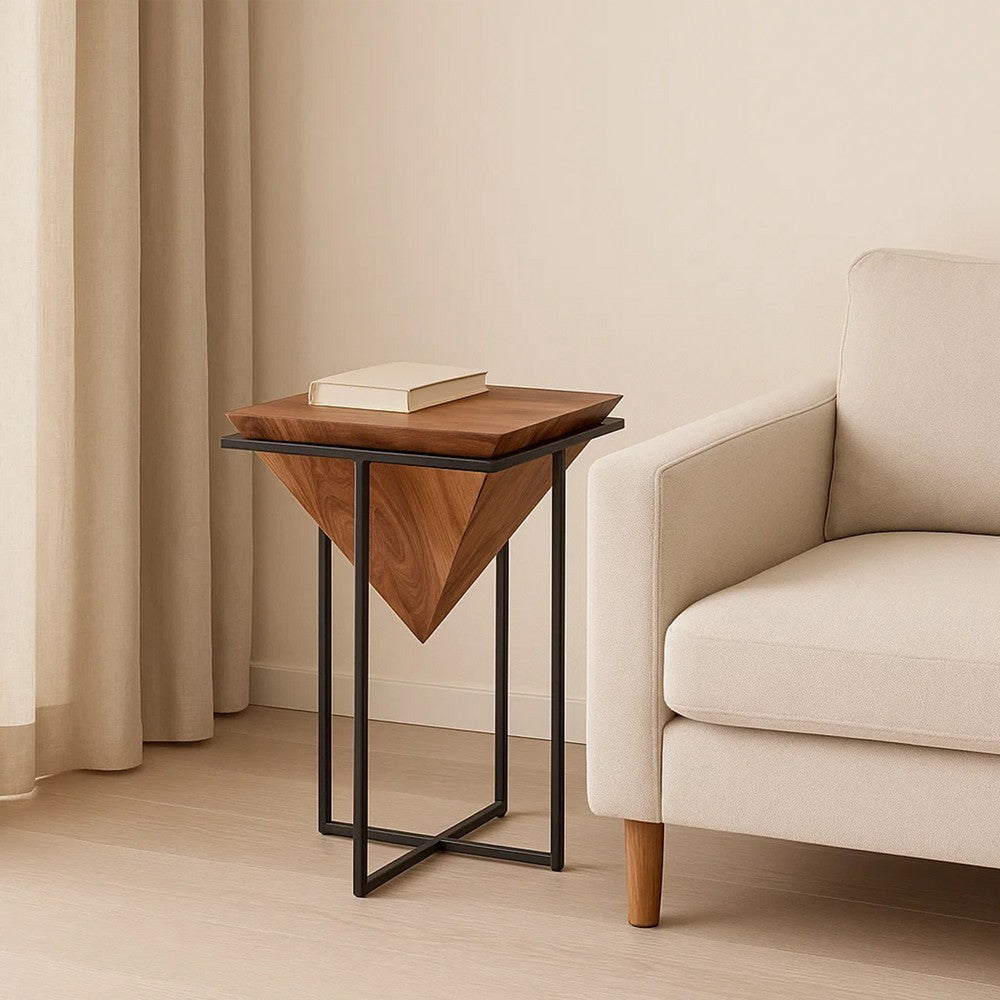 The Urban Port 26 Inch Pyramid Shape Wooden Side Table With Cross Metal Base, Brown And Black