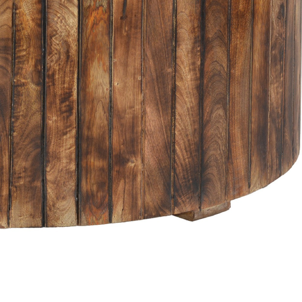 The Urban Port 34 Inch Handmade Wooden Round Coffee Table with Plank Design, Burned Brown
