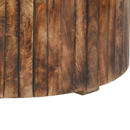 The Urban Port 34 Inch Handmade Wooden Round Coffee Table with Plank Design, Burned Brown